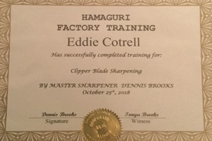 Hamaguri Clipper Blade Sharpening Certificate - Eddie Cotrell